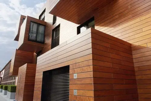 Modern home exterior finished with engineered wood siding